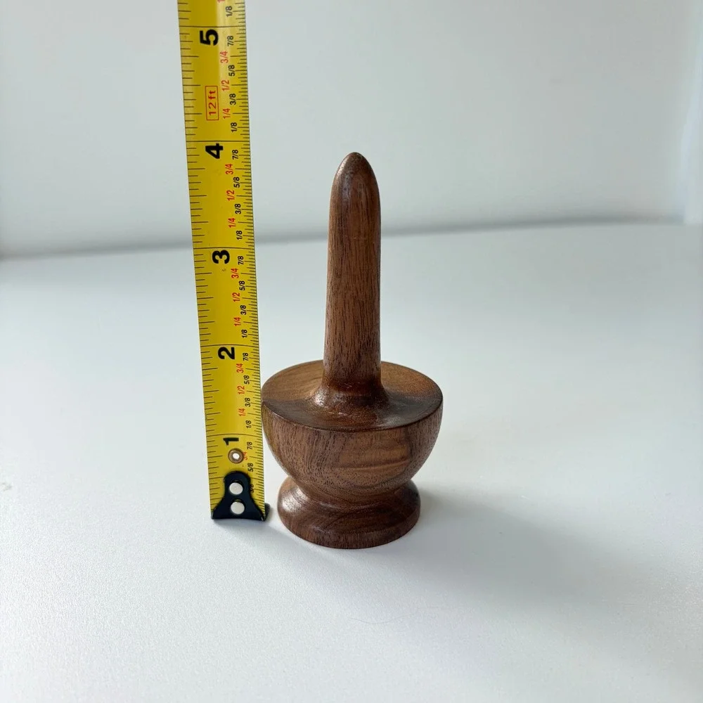 Vintage Hand Turned Wooden Ring Holder Stand Natural Grain Jewelry Display
